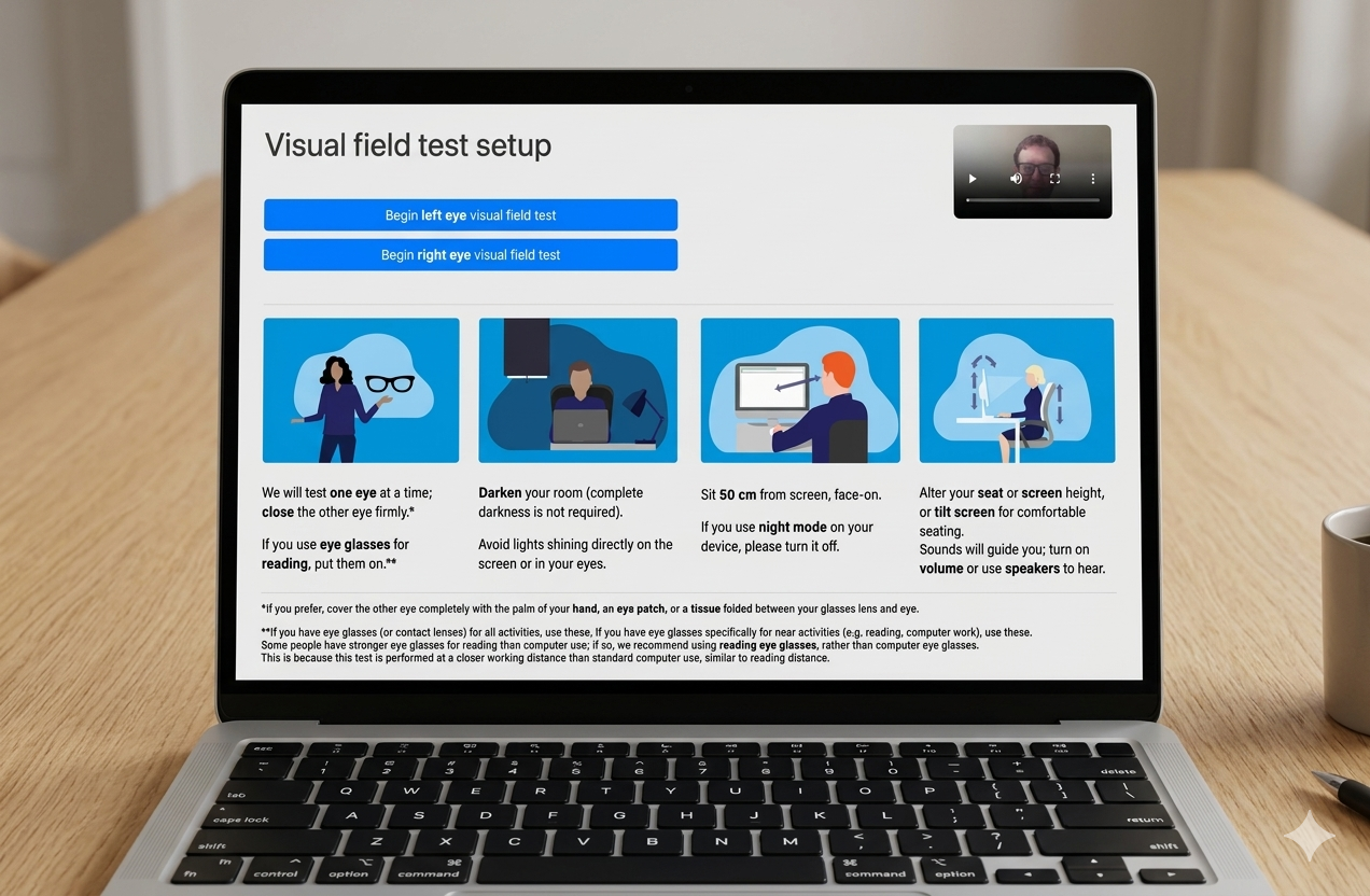 Eyeonic visual field test setup on laptop